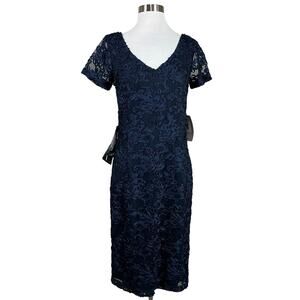 JS Collections Lace Short Sleeve Midi Sheath Cocktail Dress Navy Blue Size 6